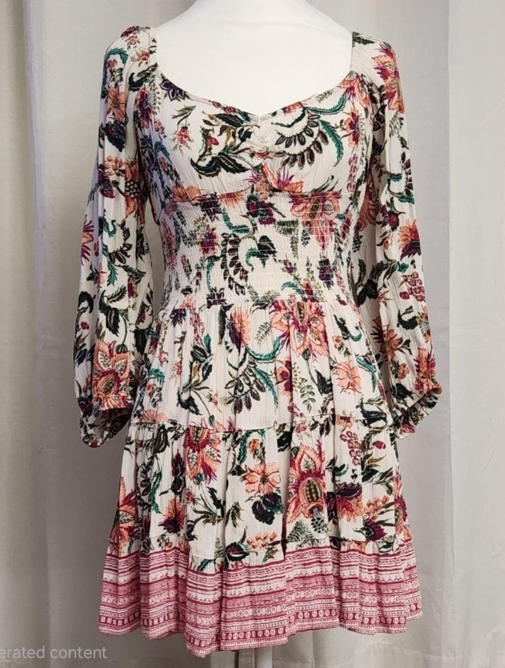 Angie White Floral Smocked Off Shoulder 3/4 Sleeve Mini Dress